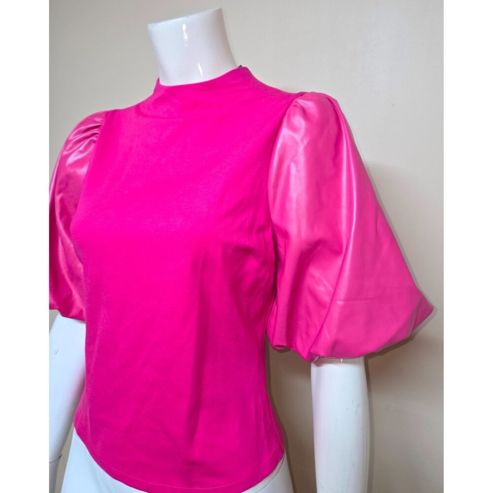 Anthropologie Sunday In Brooklyn Pink Faux Leather Puff Sleeve Top Size S NEW - Picture 3 of 5
